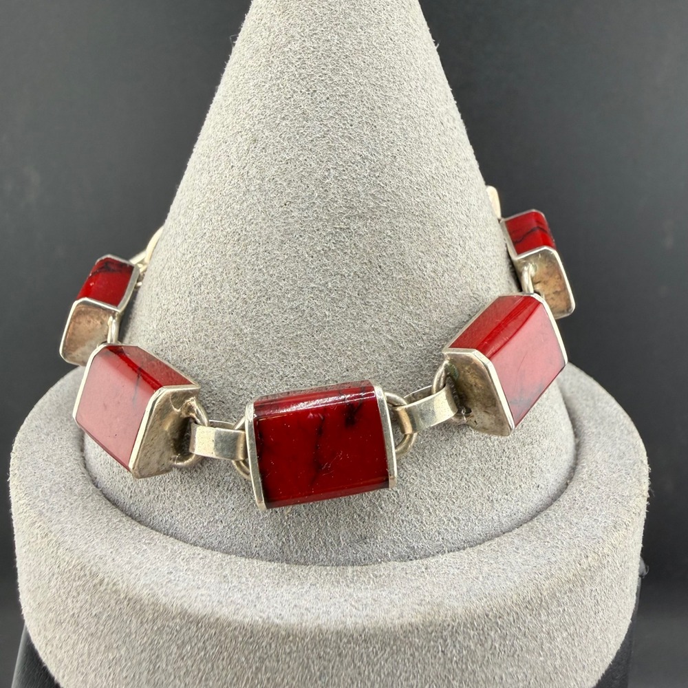 Vintage Sterling Silver Toggle Bracelet Red Stone Rectangular Link 7in